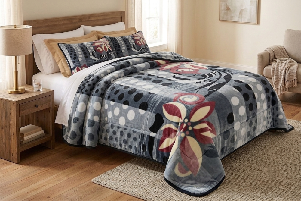 Graphic Rose & Slate1Ply Silver Mink Blanket - Queen